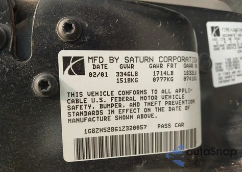 2001 Saturn Sl1 из США, поврежденный, VIN 1G8ZH52861Z320057